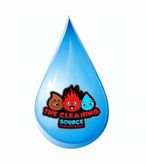 Cleaning Source Water Restoration logo with blue water droplet and cleanup mascots