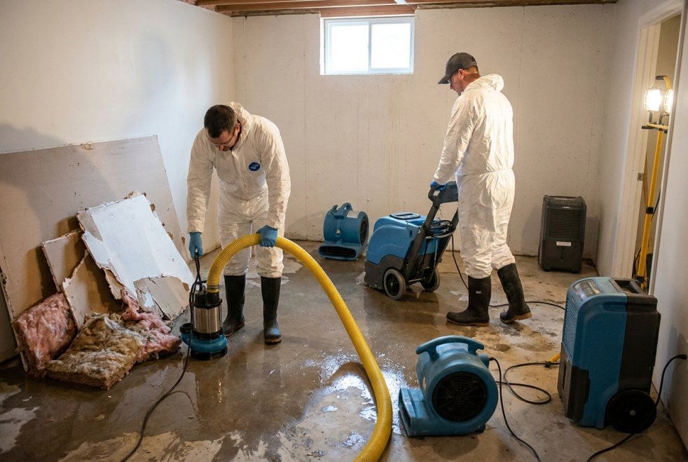 Water damage restoration workers removing water and drying a flooded basement with pumps and fans